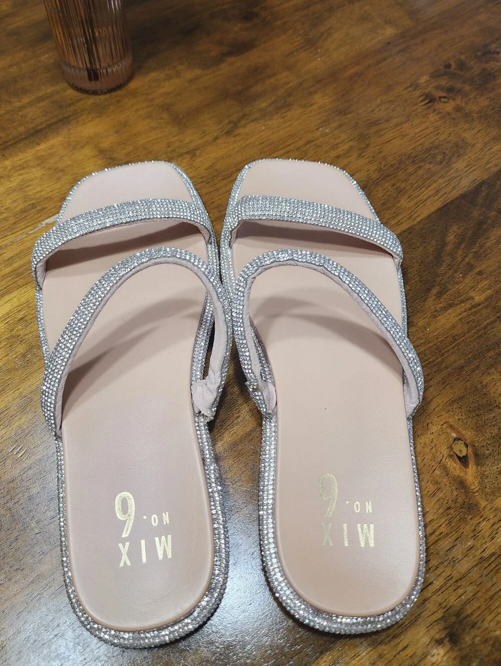 Marsaaki Rhinestone Double Strap Flat Slide Sandals